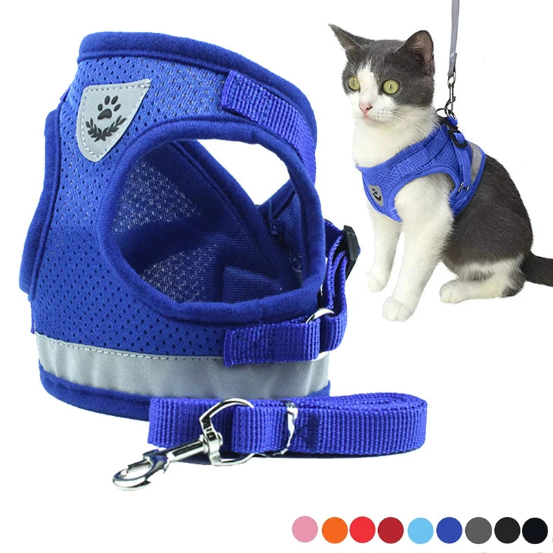 Peitoral ajustável respirável para animais de estimação com coleira, colete macio gatinho com design refletivo para caminhadas à prova de fuga, colete refletivo para cães/gatos