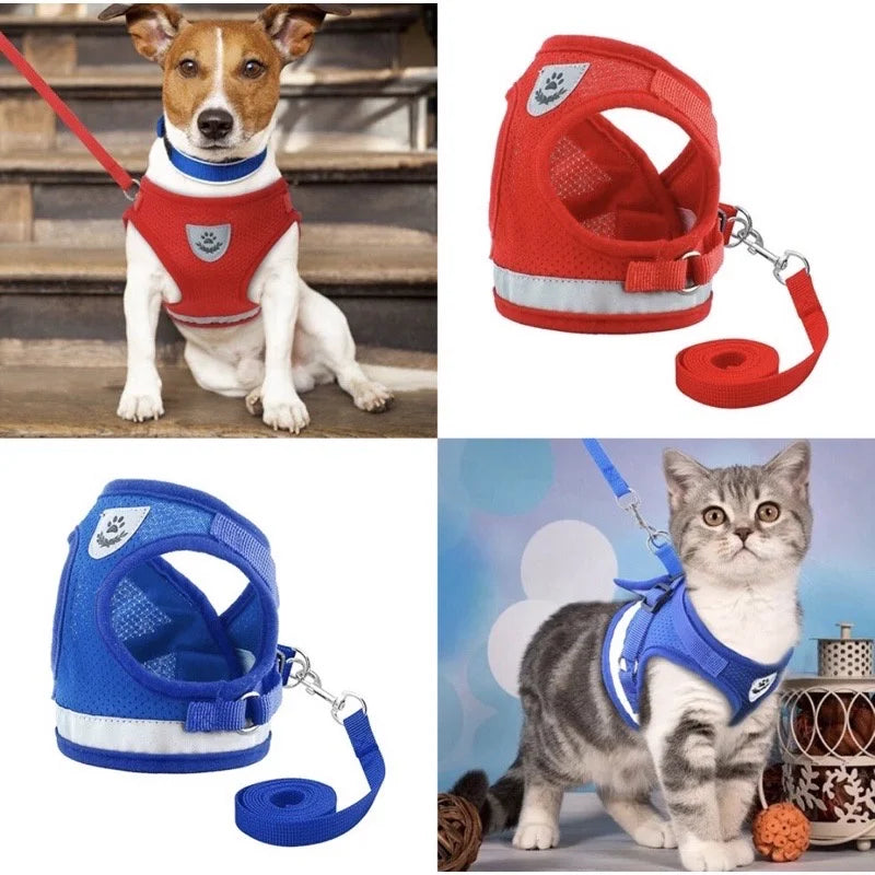 Peitoral ajustável respirável para animais de estimação com coleira, colete macio gatinho com design refletivo para caminhadas à prova de fuga, colete refletivo para cães/gatos